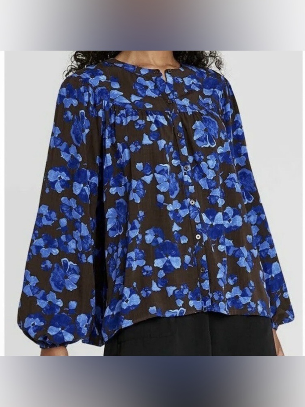 Blue Brown Floral Button-Front Women’s Blouse